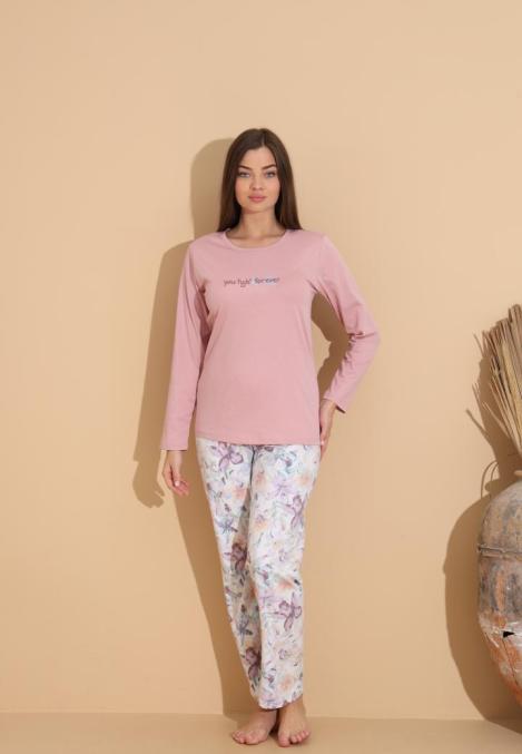 Pijama Dama „You Tight Forever'" ,Pantaloni si Maneca Lunga,Culoare Roz Pudra,Engros